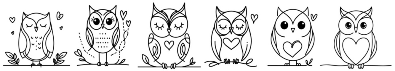 owl drawn in doodle style with one line, black vector, silhouette svg illustration laser cutting engraving transparent monochrome shape