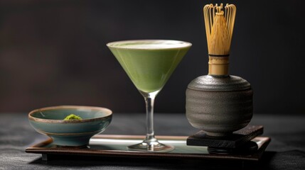 A sophisticated matcha martini stands tall, its frothy top complementing the traditional matcha tea set and bamboo whisk, symbolizing a fusion of cocktail art and tea ceremony