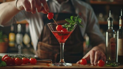 Tomato Basil Martini Delight. A fresh tomato basil martini offers a burst of garden flavors, served in a classic glass and garnished with lush basil, surrounded by ripe cherry tomatoes