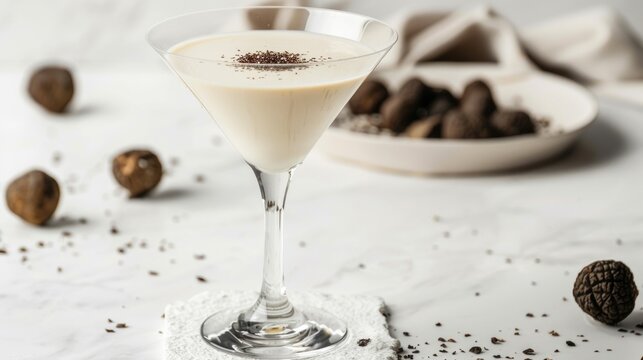 Choco Truffle Martini Elegance. Creamy chocolate martini glasses topped with luxurious truffles, perfect dessert cocktail
