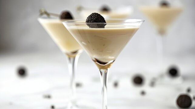 Choco Truffle Martini Elegance. Creamy chocolate martini glasses topped with luxurious truffles, perfect dessert cocktail
