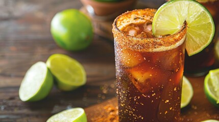 Indulge in the zesty flavors of a classic Mexican michelada crafted with dark beer and tangy lime juice - obrazy, fototapety, plakaty