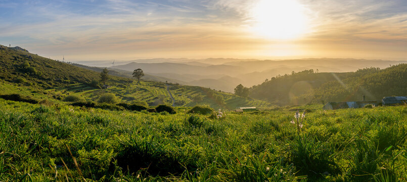 Sunset valley view of Serra de Monchique near mount Foia in the Algarve region in Portugal