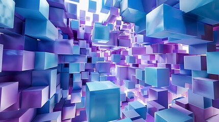 a 3D structure made of interconnected blue and purple cubes. The cubes form an intricate, maze-like pattern against a white background