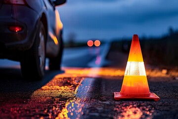 A warning cone placed on the road as a sign of the importance of safe driving. Traffic cone on the asphalt for roadside assistance. - obrazy, fototapety, plakaty