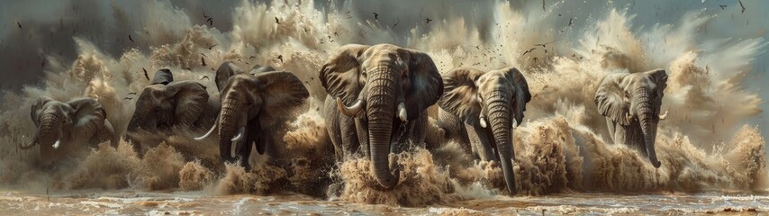 Majestic Giants: Capturing the Grandeur of Running Elephants Amidst Sand and Dust - obrazy, fototapety, plakaty