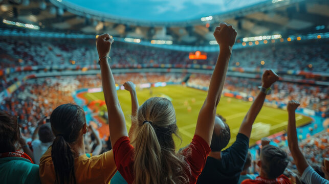 A group of excited fans with raised arms cheering at a sports event in a stadium.