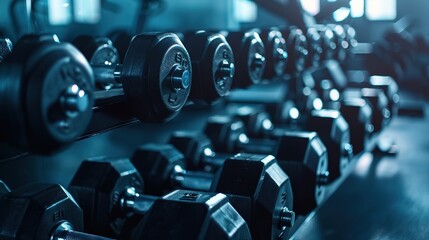 Gym interior background of dumbbells on rack in fitness and workout room