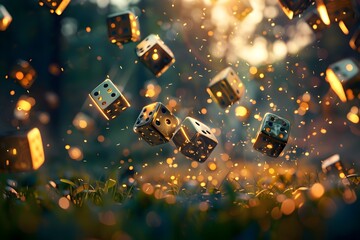 A bunch of dice are flying through the air, creating a chaotic and disordered scene. Concept of unpredictability and randomness, as the dice are scattered in various directions and heights - obrazy, fototapety, plakaty