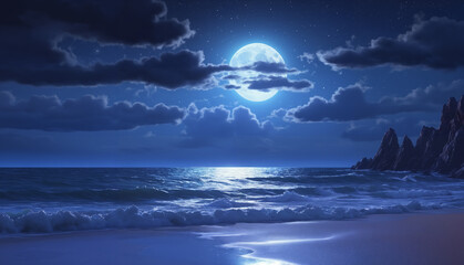 A beautiful beach at night with the moon reflecting on the ocean's surface.