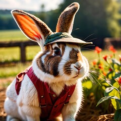 Cute anthropomorphic  bunny rabbit farmer with straw hat, cartoon concept