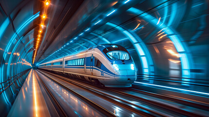Streamlined Modern Train Gliding Through a Luminous Blue Tunnel, Transportation Future