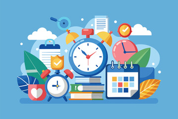 A collection of books arranged in a pile, alongside a clock and a calendar, symbolizing organization and time management, Time management consulting, Simple and minimalist flat Vector Illustration - obrazy, fototapety, plakaty