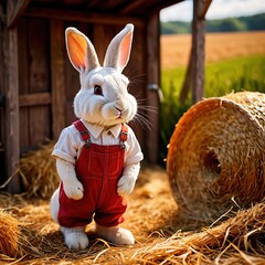 Cute anthropomorphic  bunny rabbit farmer with straw hat, cartoon concept