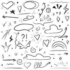 Strokes and highlighting, speech bubbles and underlines, glitter elements and hearts, clouds and arrows, ticks and crosses. Vector. Illustration