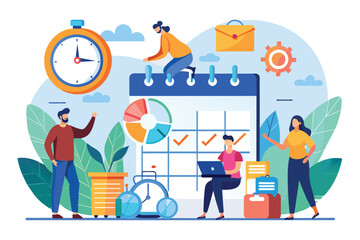 Fototapeta na wymiar Group of individuals gathered around a calendar and clock, discussing schedules and planning activities, Time management people make schedule plans, Simple and minimalist flat Vector Illustration