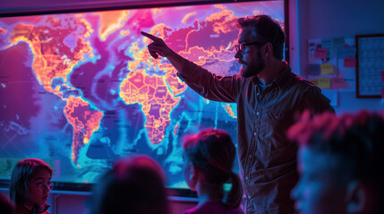 Teacher points to a world map during a captivating classroom session