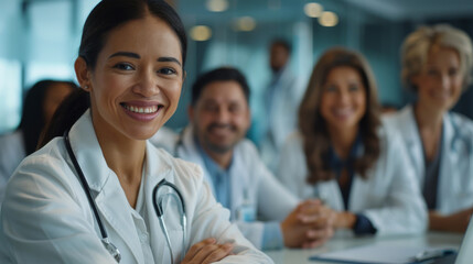 Smiling female doctor with colleagues in a meeting, conveying a sense of teamwork and positivity in a medical setting.