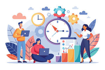 Group of People Gathering Around a Clock, Time management with people, clocks and data analysts trending, Simple and minimalist flat Vector Illustration
