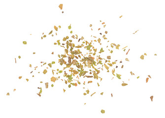 Chopped dry oregano scattered isolated on white, top view, clipping	