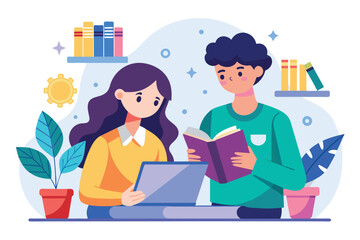 A man and a woman are focused on a book in their hands, engrossed in studying together, Time to study together trending, Simple and minimalist flat Vector Illustration