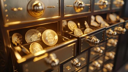 Open bank vault drawers overflowing with golden bitcoins, depicting secure cryptocurrency investment