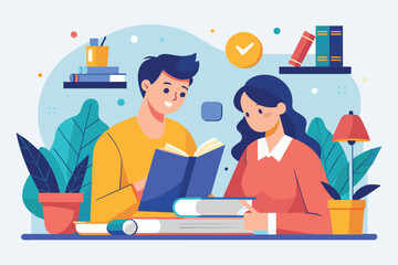 A man and a woman sitting close together, reading a book, Time to study together trending, Simple and minimalist flat Vector Illustration