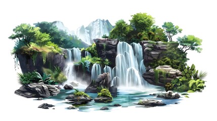 Cascading waterfalls in a lush green place