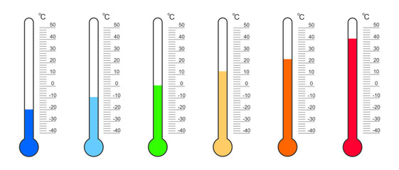 Set of thermometer readouts with Celsius degree scales and numbers from cold to heat. Meteorology measurement tools isolated on white background. Vector flat illustration.