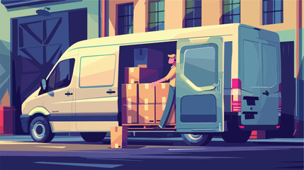 loads boxes in a cargo van. Vector flat style illustration