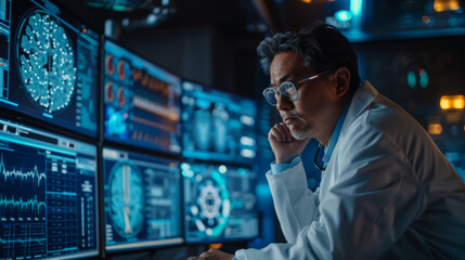 Health information manager in lab coat analyzing data on multiple computer monitors in a dark room with illuminated screens.
