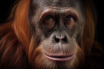 Close-up of a thoughtful orangutan's face, displaying deep, expressive eyes