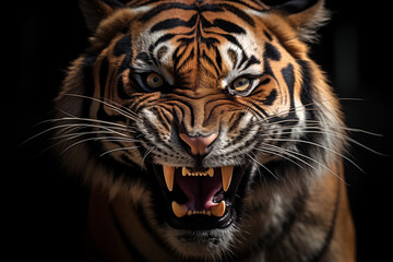 Close-up of an intimidating tiger showing fierce teeth and growling