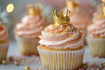 princess themed cupcakes with golden crowns and pastel frosting for birthday party