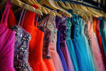 colorful prom dresses in a row on display at a boutique - obrazy, fototapety, plakaty