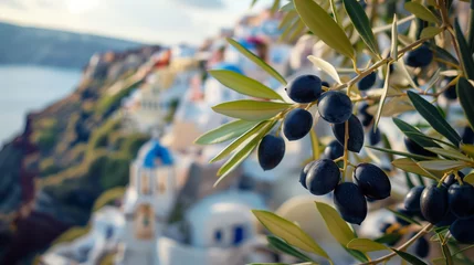 Fototapeten Dark olives on the branch of an olive tree with sea and Greek island on the background © Myroslava