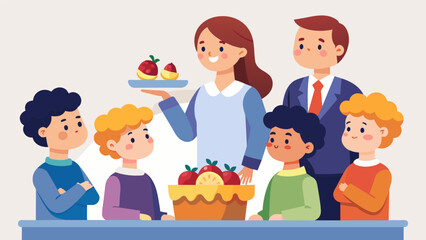 A group of judges discussing the taste and presentation of a mini fruit tart while a group of kids stand behind them eagerly waiting for the