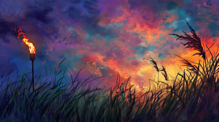 
This captivating artwork depicts a lit torch amidst tall grass, set against a colorful sky during either dawn or dusk
