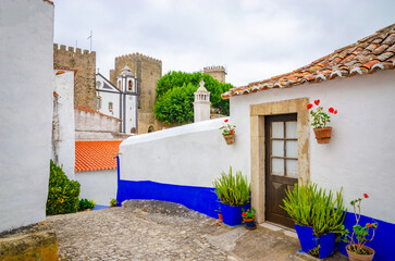 Beautiful cozy street in old  town Obidos, Portugal, in summer day
