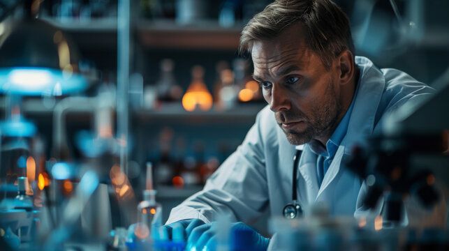 A focused hematologist examines samples in a well-equipped laboratory with a dramatic, cinematic lighting.