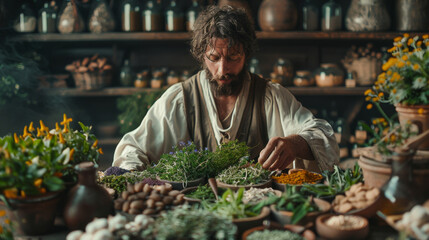 A herbalist surrounded by plants and herbs, meticulously preparing remedies in a rustic workshop.