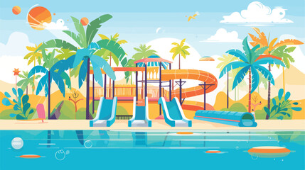 Aqua park with sliders pool and palm trees. Vector flat