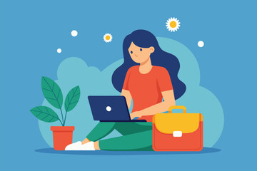 A woman of small stature sits on the ground, focused on her laptop, Tiny woman working with laptop, sitting on briefcase, Simple and minimalist flat Vector Illustration