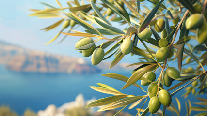 Green olives on the branch of an olive tree with sea and Greek island on the background