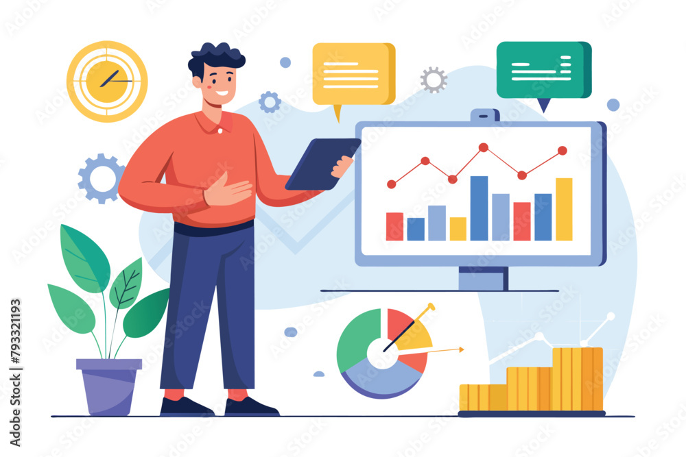 Poster man analyzing data on computer screen, trading analyst data presentation trending, simple and minima