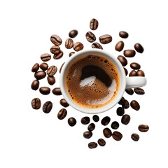 A vibrant highlights a cup of coffee alongside scattered coffee beans all set against a transparent background