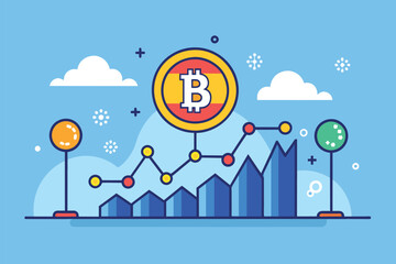 Fototapeta na wymiar Bitcoin resting on top of a graph representing fluctuations in value, Trading bitcoins trending, Simple and minimalist flat Vector Illustration