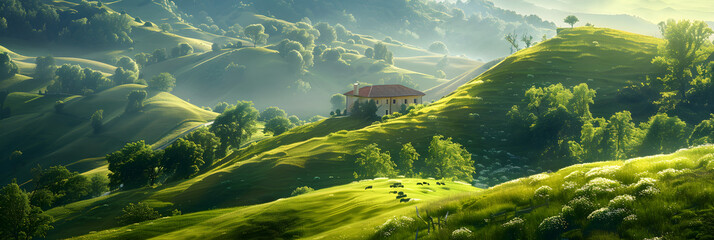 A fantasy house on the hills surrounded by green landscape, providing a serene and picturesque rural escape.