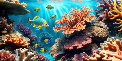 Fototapeta na wymiar Illustration of underwater world with colorful corals, tropical fish and sunlight streaming through the sea water. Beauty of the coral reef.