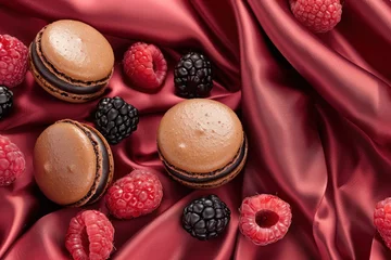 Poster top view of delectable macarons with raspberries and blackberries on silk © Klay